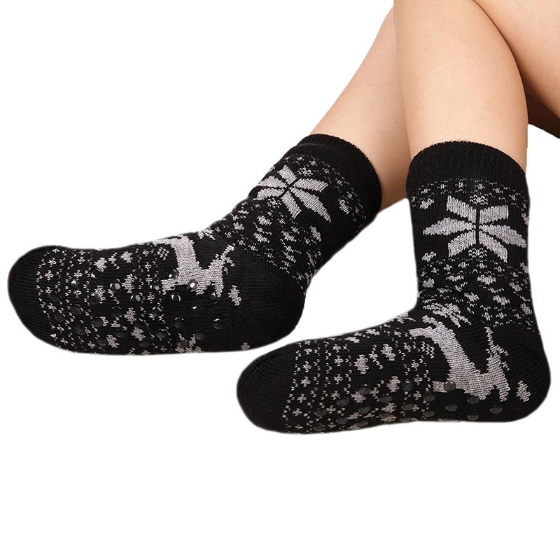 FRALOSHA Fuzzy Warm Slipper Socks Women Winter floor Socks Super Soft lined with Grippers reading Socks Cozy Sleeping Reindeer Sock (Black) - Image 3
